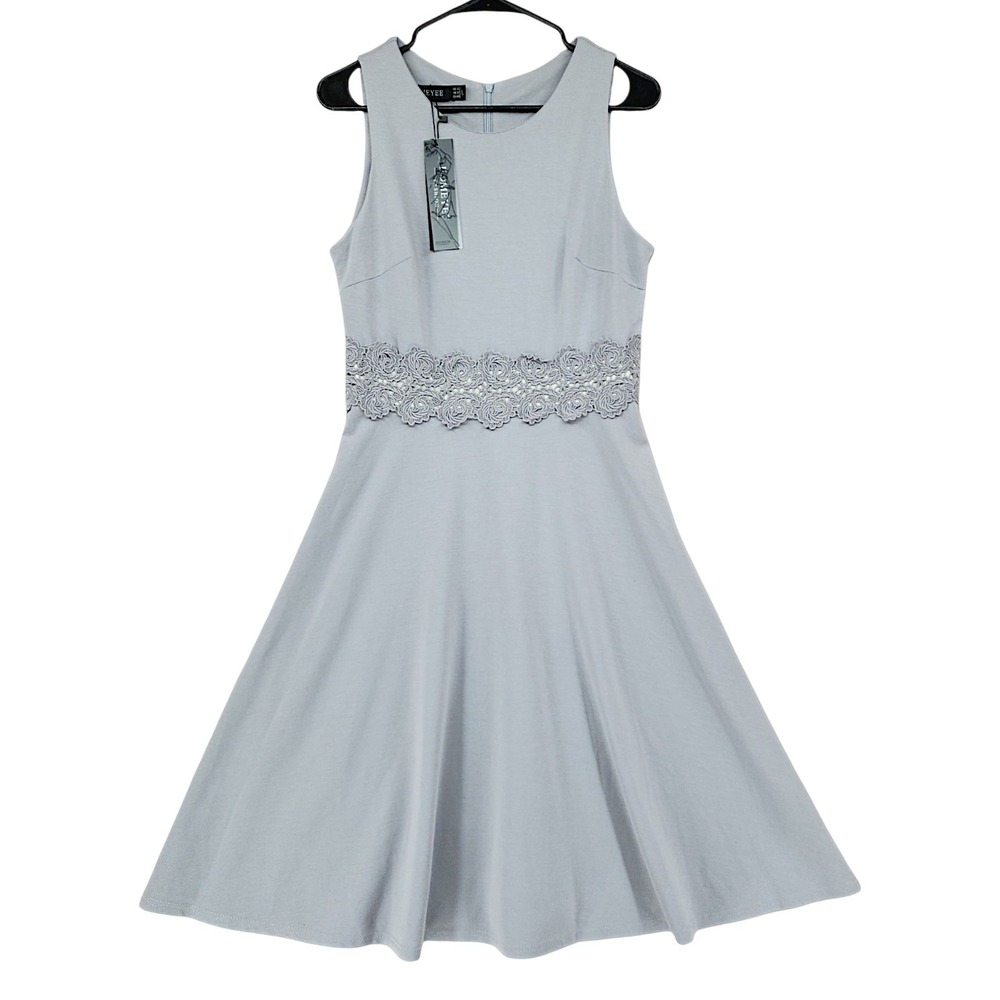 Homeyee Fit Flare Dress L Gray Lace Waist Sleeveless Minimal Cocktail Party NEW